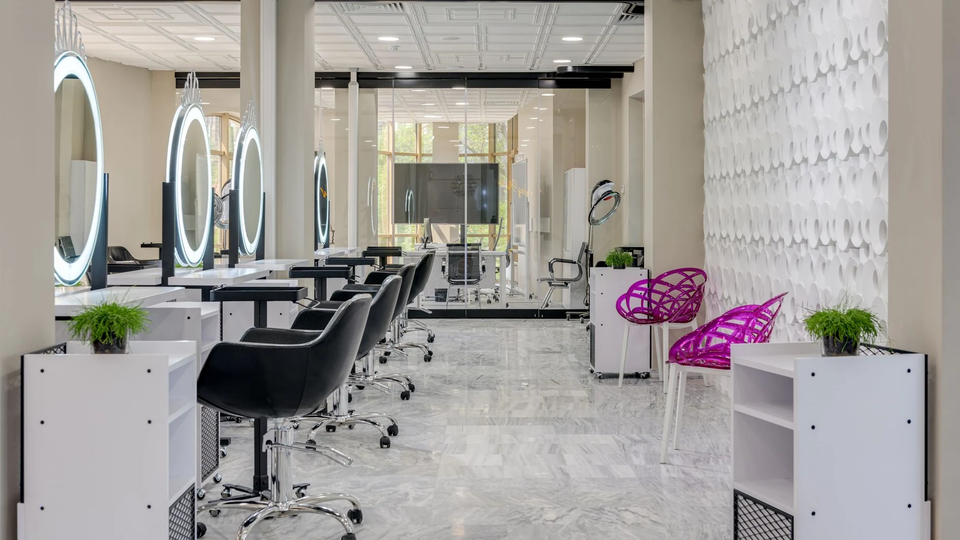 full-bleed salon interior or styled client hair shot